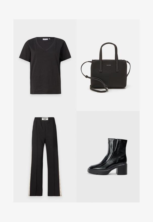 Črna bombažna majica s kratkimi rokavi in V-izrezom. Preprost dizajn z običajnim krojem in brez vzorcev ali dodatkov.; Črne hlače z elastičnim pasom, z bočnimi črtami z logotipom. Iz gladkega blaga, z ravnim sprednjim delom in širokim krojem nogavic.; Črne lakirane gležnjarje z ukrivljenim nosom, elastičnimi stranskimi paneli in debelim blokastim peto. Imajo vtisnjen logotip na zadnjem delu.; Črna torbica z dvema kratkima ročajema in odstranljivim naramnim trakom. Gladek usnju podoben material z zadrgo in podrobnostmi z logotipom.