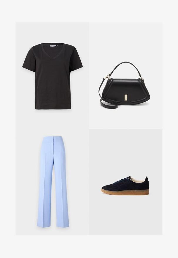 Czarna bawełniana koszulka z dekoltem w serek i krótkimi rękawami. Prosty design o regularnym kroju bez wzorów ani dodatków.; Jasnoniebieskie spodnie o szerokich nogawkach z wysokim stanem, z wyraźnymi plisami i gładką fakturą. Dopasowany krój z wykończeniem na wysokim poziomie.; Granatowy zamszowy sneaker z gumową podeszwą w kolorze gumy, niebieskimi sznurowadłami i minimalistycznym designem. Na boku znajduje się wytłoczone logo, a wnętrze jest gładko wykończone.; Czarna skórzana torebka o strukturalnym designie, z przyciętą formą, górnym uchwytem i złotymi akcentami. W zestawie regulowany pasek na ramię.