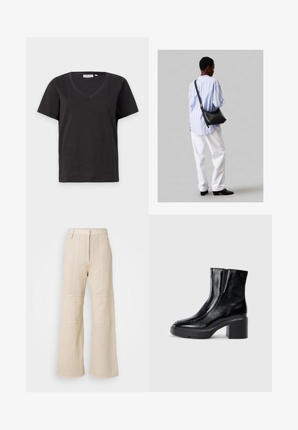 Sort bomulds T-shirt med V-hals og korte ærmer. Enkel design med regular fit og ingen mønstre eller accenter.; Beige brede bukser med et struktureret, netlignende design. Funktioner inkluderer syede paneler og en høj talje med bæltestropper.; Sorte patenterede læderankelstøvler med en buet tå, elastiske sidepaneler og en kraftig blokhæl. Har et præget logo på bagsiden.; Sort læder skuldertaske med en blød tekstur, trekantet form og justerbar strop, kombineret med en lyseblå stribet skjorte og hvide bukser.