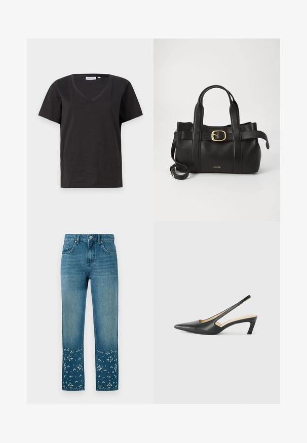 T-shirt de algodão preto com decote em V e mangas curtas. Design simples com um corte regular e sem padrões ou detalhes.; Jeans de ganga azul com corte reto, apresentando bordados florais e embellishments na bainha e design de cinco bolsos.; Sandal com bico fino e calcanhar baixo, em couro liso, com um design recortado na lateral para respirabilidade.; Bolsa de couro preto com um design estruturado, alças superiores duplas, detalhe de fivela em tom dourado e logotipo da marca em relevo na frente.