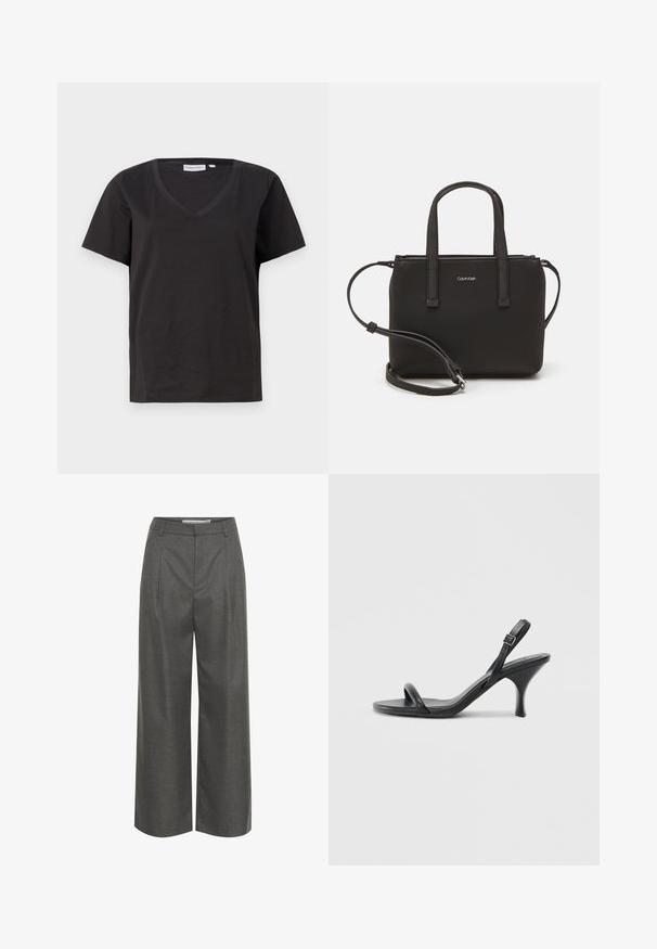 Melnas kokvilnas T-krekls ar V veida kakla izgriezumu un īsām piedurknēm. Vienkāršs dizains ar regulāru piegriezumu un bez rakstiem vai akcentiem.; Pelēki platās bikses, kas izgatavotas no teksturēta auduma, ar augstu jostasvietu un frontālām krokām, bez redzamām kabatām vai metāla detaļām.; Melnas ādas augstpapēžu sandales ar plānu, izliekta formas papēdi un krustenisku siksnu dizainu. Regulējama potītes siksna. Gluda tekstūra.; Melns roku soma ar divām īsām rokturiem un noņemamu plecu siksnu. Gluda ādas līdzīga materiāla ar rāvējslēdzēja aizdari un logos detaļu.