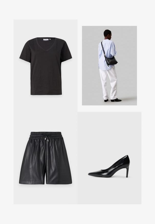 Čierne bavlnené tričko s výstrihom do V a krátkymi rukávmi. Jednoduchý dizajn s bežným strihom a bez vzorov alebo akcentov.; Čierne kožené šortky s elastickým pásom a šnúrkou na zaväzovanie. Majú hladkú textúru a voľný strih, končiaci nad kolenami.; Čierna kožená vysoká topánka s ihlovým podpätkom a špičatou špicou, hladkou textúrou a zúženým podpätkom. Minimalistický dizajn, bez ďalších ozdôb.; Čierna kožená ramenná taška so mäkkou textúrou, trojuholníkovým tvarom a nastaviteľným popruhom, skombinovaná s svetlomodrou pruhovanou košeľou a bielymi nohavicami.