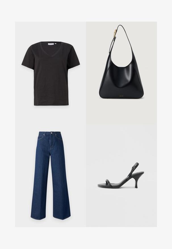 Melnas kokvilnas T-krekls ar V veida kakla izgriezumu un īsām piedurknēm. Vienkāršs dizains ar regulāru piegriezumu un bez rakstiem vai akcentiem.; Platas kājas džinsi tumši zilos džinsa audumā, ar klasisku piecu kabatu dizainu, redzamām stiklošanas šuvēm un pogu aizdari priekšpusē.; Melnas ādas augstpapēžu sandales ar plānu, izliekta formas papēdi un krustenisku siksnu dizainu. Regulējama potītes siksna. Gluda tekstūra.; Melnas ādas plecu soma ar gludu tekstūru, izliekta silueta un zelta aparatūru. Aprīkota ar debumpētu zīmola logotipu apakšā.