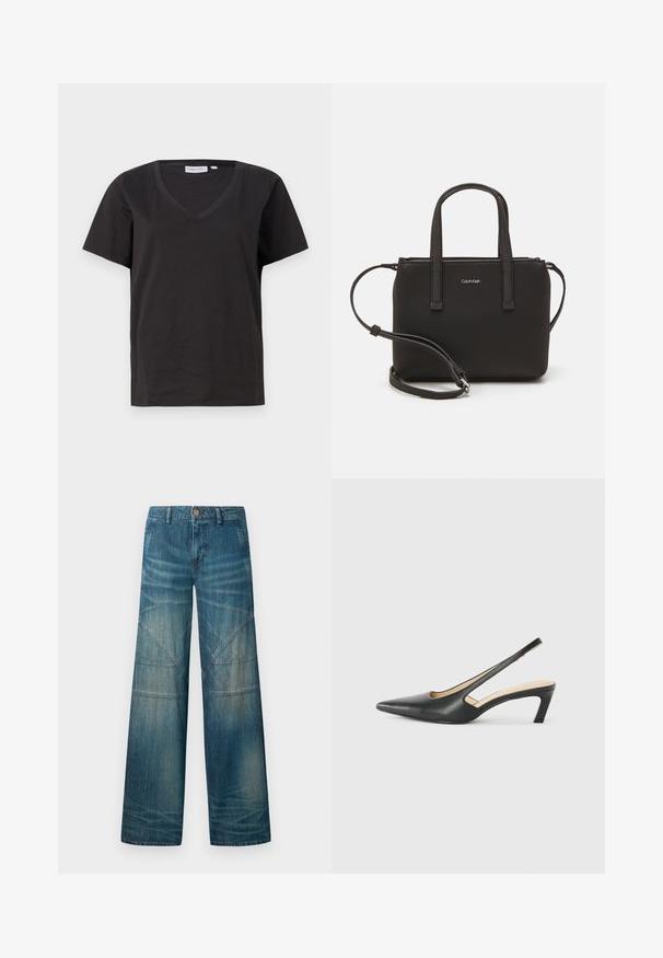 Melnas kokvilnas T-krekls ar V veida kakla izgriezumu un īsām piedurknēm. Vienkāršs dizains ar regulāru piegriezumu un bez rakstiem vai akcentiem.; Platas kājas džinsi vidēji zilā krāsā ar izbalējušu apdari, apģērba šuvēm un klasisku piecu kabatu dizainu ar pogu aizdari.; Melna, ar smailu purngalu, slingback kurpe ar zemu papēdi, izgatavota no gludas ādas materiāla un ar izgriezumiem sānos gaisa caurlaidībai.; Melns roku soma ar divām īsām rokturiem un noņemamu plecu siksnu. Gluda ādas līdzīga materiāla ar rāvējslēdzēja aizdari un logos detaļu.