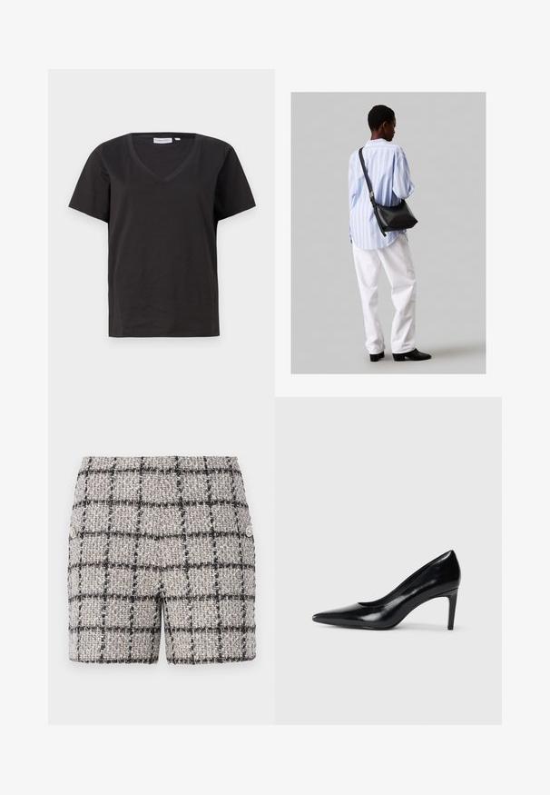 Černé bavlněné tričko s výstřihem do V a krátkým rukávem. Jednoduchý design s klasickým střihem bez vzorů nebo akcentů.; Tweedové šortky v neutrální barvě s černobílým kostkovaným vzorem. Obsahují dekorativní knoflíky na přední straně. Texturovaná tkanina.; Černé kožené boty na vysokém podpatku s špičatou špičkou, hladkým povrchem a zúženým podpatkem. Minimalistický design, bez dalších ozdob.; Černá kožená kabelka přes rameno s jemnou texturou, trojúhelníkovým tvarem a nastavitelným popruhem, v kombinaci se světle modrou pruhovanou košilí a bílými kalhotami.