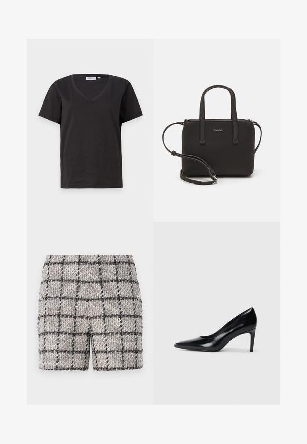 Zwarte katoenen T-shirt met een V-hals en korte mouwen. Eenvoudig ontwerp met een regular fit en zonder patronen of accenten.; Tweed shorts in een neutrale kleur met een zwart-wit ruitpatroon. Voorzien van decoratieve knopen aan de voorkant. Textured stof.; Zwarte leren hoge hak met een spitse neus, een gladde textuur en een tapse hak. Minimalistisch ontwerp, geen extra versieringen.; Zwarte handtas met dubbele korte handvatten en een afneembare schouderriem. Glad, leerachtig materiaal met een ritssluiting en logo-detail.