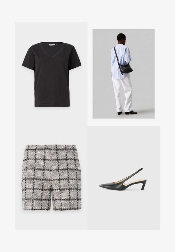 Tricou negru din bumbac cu decolteu în V și mâneci scurte. Design simplu, cu o croială normală și fără modele sau accente.; Şorturi din tweed într-o culoare neutră cu un model în carouri alb-negru. Prezintă butoane decorative în față. Material texturat.; Pantof cu toc mic, cu vârf ascuțit și slingback, realizat din piele netedă, având un design decupat pe lateral pentru respirabilitate.; Geantă de umăr din piele neagră cu o textură moale, formă triunghiulară și curea ajustabilă, asortată cu o bluză cu dungi albastre deschise și pantaloni albi.