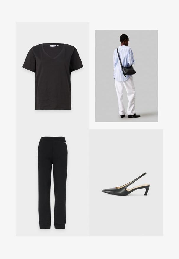 Melnas kokvilnas T-krekls ar V veida kakla izgriezumu un īsām piedurknēm. Vienkāršs dizains ar regulāru piegriezumu un bez rakstiem vai akcentiem.; Calvin Klein NANO LOGO - Treniņtērpa apakšdaļas - black; Melna, ar smailu purngalu, slingback kurpe ar zemu papēdi, izgatavota no gludas ādas materiāla un ar izgriezumiem sānos gaisa caurlaidībai.; Melna ādas plecu soma ar mīkstu tekstūru, trīsstūra formu un regulējamu siksnu, apvienota ar gaiši zilu svītrotu krekli un baltām biksēm.