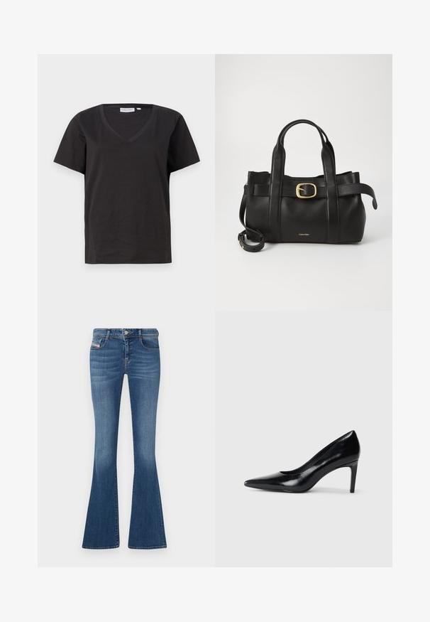 Black cotton T-shirt with a V-neck and short sleeves. Simple design with a regular fit and no patterns or accents.; Blue denim flared jeans with a high waist, subtle whiskering, and five-pocket design. Features a front button and zip closure.; Black leather high heel shoe with a pointed toe, smooth texture, and a tapered heel. Minimalist design, no additional embellishments.; Black leather handbag featuring a structured design, dual top handles, gold-tone buckle accent, and embossed brand logo at the front.