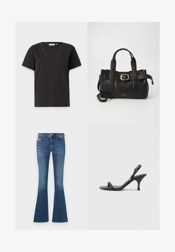 Black cotton T-shirt with a V-neck and short sleeves. Simple design with a regular fit and no patterns or accents.; Blue denim flared jeans with a high waist, subtle whiskering, and five-pocket design. Features a front button and zip closure.; Black leather high-heeled sandals with a slim, curved heel and a crossed strap design. Adjustable ankle strap. Smooth texture.; Black leather handbag featuring a structured design, dual top handles, gold-tone buckle accent, and embossed brand logo at the front.