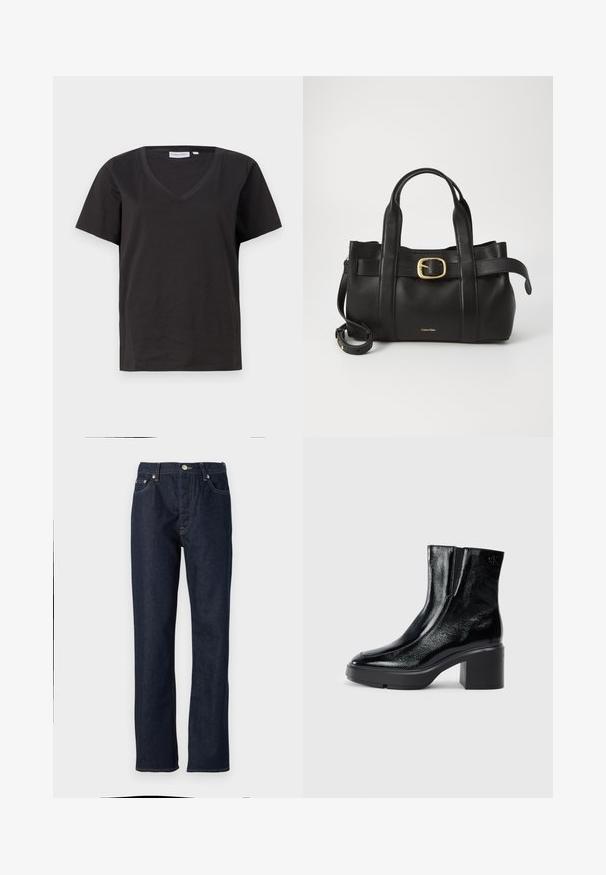 Black cotton T-shirt with a V-neck and short sleeves. Simple design with a regular fit and no patterns or accents.; Dark blue denim jeans with a straight cut, featuring a button and zipper closure, five-pocket design, and contrast stitching details.; Black patent leather ankle boots with a curved toe, elastic side panels, and a chunky block heel. Features embossed logo on the back.; Black leather handbag featuring a structured design, dual top handles, gold-tone buckle accent, and embossed brand logo at the front.