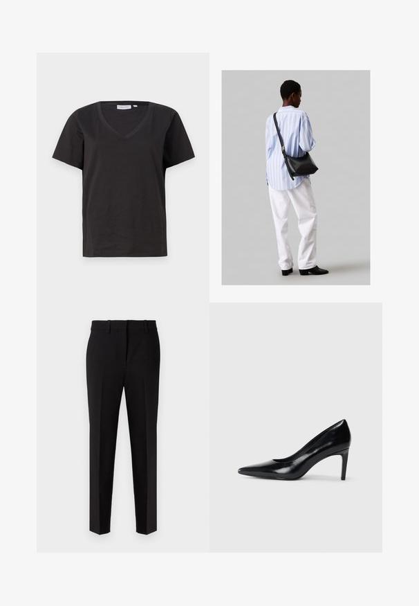 Musta puuvillainen T-paita, jossa on V-kaula-aukko ja lyhyet hihat. Yksinkertainen muotoilu, säännöllinen istuvuus ilman kuvioita tai koristeita.; Mustat dress-housut suoran lahkeen suunnittelulla, valmistettu sileästä kankaasta. Ominaisuuksiin kuuluu litteä etuosa, vyölenkit ja räätälöity viimeistely.; Mustat nahkakengät korkealla korolla, terävä kärki, sileä pinta ja kapeneva korko. Minimalistinen muotoilu, ei ylimääräisiä koristeita.; Musta nahkainen olkalaukku, jossa on pehmeä rakenne, kolmion muoto ja säädettävä hihna, yhdistettynä vaaleansiniseen raidalliseen paitaan ja valkoisiin housuihin.