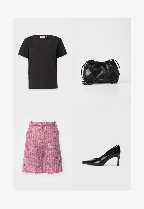 Svart bomull T-skjorte med V-hals og korte ermer. Enkel design med vanlig passform og uten mønstre eller detaljer.; Rosa tweed-shorts med et strukturert mønster og frynset kant. Har en midje med knapplukking. Lett stoff, midt på låret lengde.; Sorte skinnhøye hæler med spiss tå, glatt tekstur og avsmalnet hæl. Minimalistisk design, ingen ekstra dekorasjoner.; Svart lærveske med samlet design, dobbel snoråpning og avtagbar skulderrem. Har metallisk logodetalj.