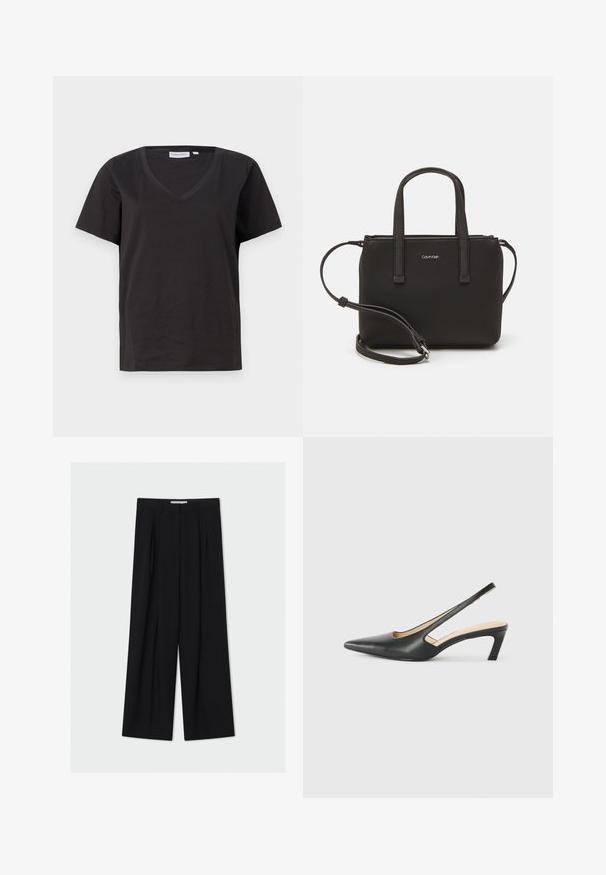 Camisa de algodón negra con cuello en V y mangas cortas. Diseño simple con un corte regular y sin patrones ni acentos.; Pantalones negros de pierna ancha fabricados con una tela suave. Cuentan con una cintura alta, pliegues en la parte delantera y un corte hasta el tobillo. Diseño minimalista.; Zapato negro de punta afilada tipo slingback con un tacón bajo, que presenta un material de cuero suave y un diseño recortado en el lateral para mayor transpirabilidad.; Bolso de mano negro con dos asas cortas y una correa de hombro removible. Material suave tipo cuero con cierre de cremallera y detalle del logo.