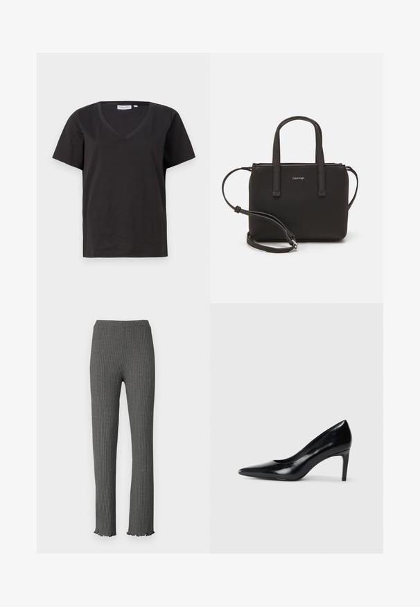 Must musta T-särk V-kaelusega ja lühikeste varrukatega. Lihtne disain, regulaarne istuvus, ilma mustrite ja aktsentideta.; Hallid hallid ribbega kootud püksid, millel on sobiv disain, volangiga äär ja elastne vöökoht. Kogu ulatuses on tekstuuriline muster.; Mustmust musta kõrge kontsaga king, millel on terav varvas, sile tekstuur ja kitsenev konts. Minimalistlik disain, ilma täiendavate kaunistusteta.; Musthave mustrans vöö ja eemaldatav õlarihm. Gludike nahk siledaga, millel on tõmblukk ja logo detail.