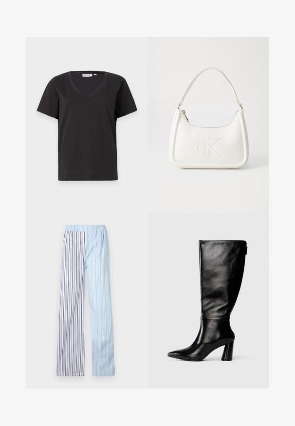 Black cotton T-shirt with a V-neck and short sleeves. Simple design with a regular fit and no patterns or accents.; Lightweight, striped pants with an elastic waistband; features alternating light blue and white stripes with thin gray accents.; Knee-high black leather boot with a pointed toe, smooth texture, and a chunky heel. Features a zipper detail at the back.; White leather handbag with a curved shape, featuring an embossed "CK" logo on the front and a single shoulder strap. Zipper closure at top.