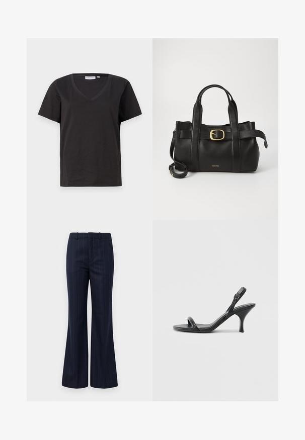 Musta puuvillainen T-paita, jossa on V-kaula-aukko ja lyhyet hihat. Yksinkertainen muotoilu, säännöllinen istuvuus ilman kuvioita tai koristeita.; Laadun mukaiset tummansiniraidalliset housut, joissa on levenevä lahjesuunnittelu, valmistettu teksturoidusta kankaasta. Housuissa on litteä etuosa ja vyölenkit varustamaan hyvin istuvaa ilmettä.; Mustat nahkaiset korkokengät, joissa on hoikka, kaareva korko ja ristiin menevä hihnadesign. Säädettävä nilkkahihna. Silkkinen pinta.; Musta nahkakäsilaukku, jossa on struktuurinen muotoilu, kaksoiskahvat, kultasävyinen solkiaksentti ja kohokuvioitu brändilogo edessä.
