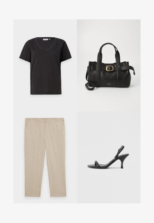 Black cotton T-shirt with a V-neck and short sleeves. Simple design with a regular fit and no patterns or accents.; Tommy Hilfiger Curve Trousers - classic beige; Black leather high-heeled sandals with a slim, curved heel and a crossed strap design. Adjustable ankle strap. Smooth texture.; Black leather handbag featuring a structured design, dual top handles, gold-tone buckle accent, and embossed brand logo at the front.