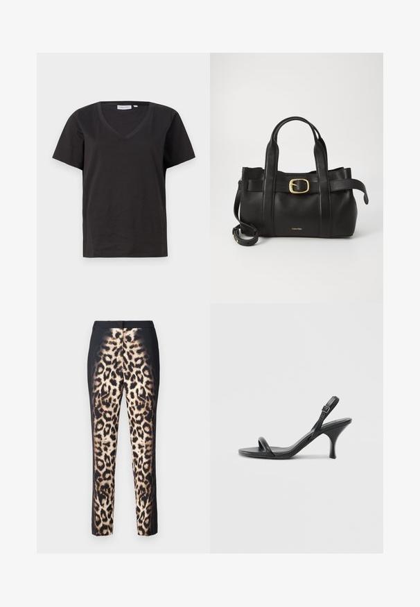 Black cotton T-shirt with a V-neck and short sleeves. Simple design with a regular fit and no patterns or accents.; Leopard print trousers with a slim fit, featuring a black waistband and a glossy finish. The pattern has beige and dark brown spots.; Black leather high-heeled sandals with a slim, curved heel and a crossed strap design. Adjustable ankle strap. Smooth texture.; Black leather handbag featuring a structured design, dual top handles, gold-tone buckle accent, and embossed brand logo at the front.