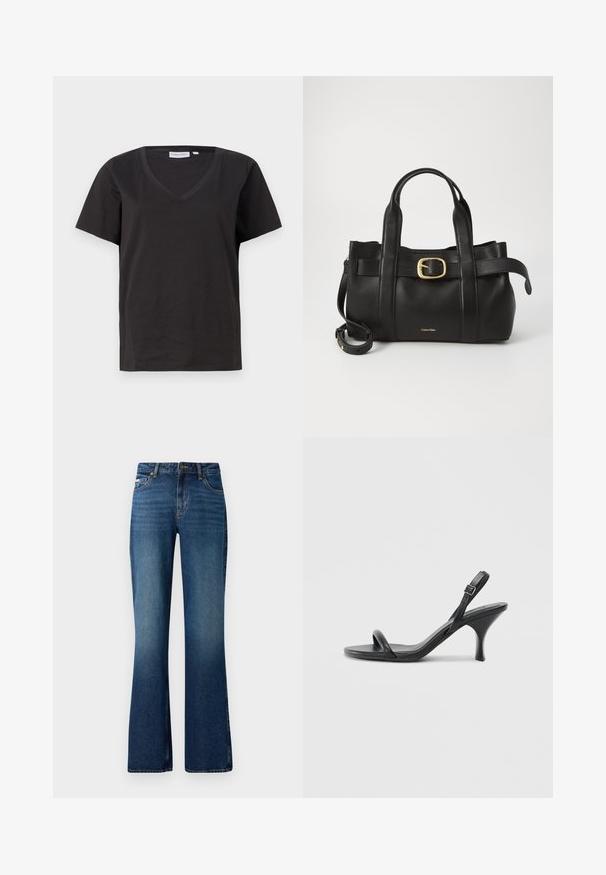 Črna bombažna majica s kratkimi rokavi in V-izrezom. Preprost dizajn z običajnim krojem in brez vzorcev ali dodatkov.; Traperice s flared krojem u srednje plavom pranju, s klasičnim dizajnom s pet džepova, dugmetom za zatvaranje i blago izblijedjelom teksturom.; Črne usnjene visoke sandale s tankim, ukrivljenim petam in obliko križanih trakov. Nastavljiv trak okoli gležnja. Gladka tekstura.; Črna usnjena torba s strukturirano zasnovo, dvojni zgornji ročaji, zlato-tonirni zaponka kot dodatek in vtisnjeni logotip blagovne znamke spredaj.