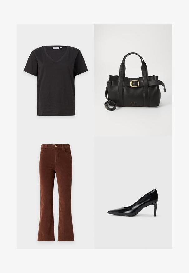 Black cotton T-shirt with a V-neck and short sleeves. Simple design with a regular fit and no patterns or accents.; Brown corduroy flared pants with a mid-rise waist, featuring a button closure and two front pockets. Smooth texture and consistent color.; Black leather high heel shoe with a pointed toe, smooth texture, and a tapered heel. Minimalist design, no additional embellishments.; Black leather handbag featuring a structured design, dual top handles, gold-tone buckle accent, and embossed brand logo at the front.