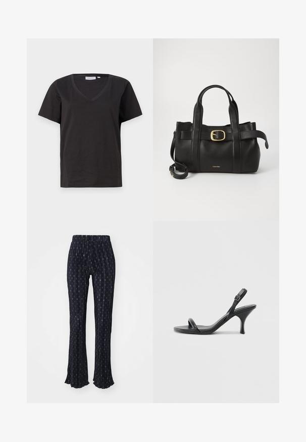 Czarna bawełniana koszulka z dekoltem w serek i krótkimi rękawami. Prosty design o regularnym kroju bez wzorów ani dodatków.; Granatowe spodnie w paski z małymi okrągłymi wzorami. Rozszerzany dół, elastyczny pasek w talii oraz marszczony materiał.; Czarne skórzane sandały na wysokim obcasie z cienkim, zakrzywionym obcasem i skrzyżowanym wzorem pasków. Regulowany pasek na kostkę. Gładka faktura.; Czarna skórzana torebka o zorganizowanej konstrukcji, z podwójnymi uchwytami u góry, akcentem w postaci złotego zapięcia oraz wytłoczonym logo marki z przodu.