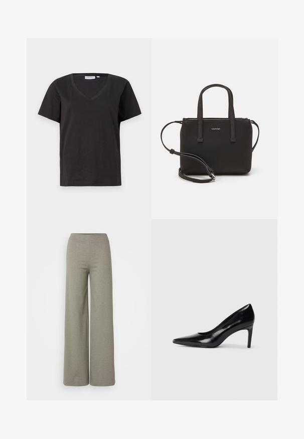 Črna bombažna majica s kratkimi rokavi in V-izrezom. Preprost dizajn z običajnim krojem in brez vzorcev ali dodatkov.; Hlače širokih nogavic iz svetlo sive tkanine, ki imajo elastičen pas in gladko teksturo, brez vidnih vzorcev ali dodatkov.; Črna usnjena črna čevlja na visokem petu z zašiljenim prstom, gladko teksturo in zoženim peto. Minimalističen dizajn, brez dodatnih okraskov.; Črna torbica z dvema kratkima ročajema in odstranljivim naramnim trakom. Gladek usnju podoben material z zadrgo in podrobnostmi z logotipom.