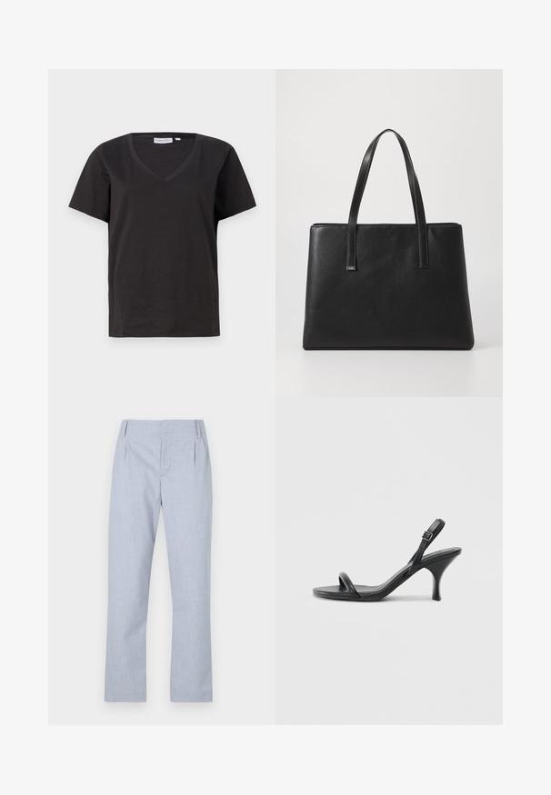 Schwarzes Baumwoll-T-Shirt mit V-Ausschnitt und kurzen Ärmeln. Einfaches Design mit normalem Schnitt und ohne Muster oder Akzente.; Helleblaue, maßgeschneiderte Hose aus glattem Stoff mit geradem Bein Design und zwei vorderen Taschen. Mit subtilen Falten an der Taille.; Schwarze Leder-Sandalen mit hohen Absätzen, schlankem, gebogenem Absatz und gekreuztem Riemendesign. Verstellbarer Knöchelriemen. Glatte Textur.; Schwarze Leder-Handtasche mit zwei langen Tragegriffen, rechteckiger Form, strukturiertem Oberflächen und minimalistischem Design. Keine sichtbaren Beschläge oder Akzente.