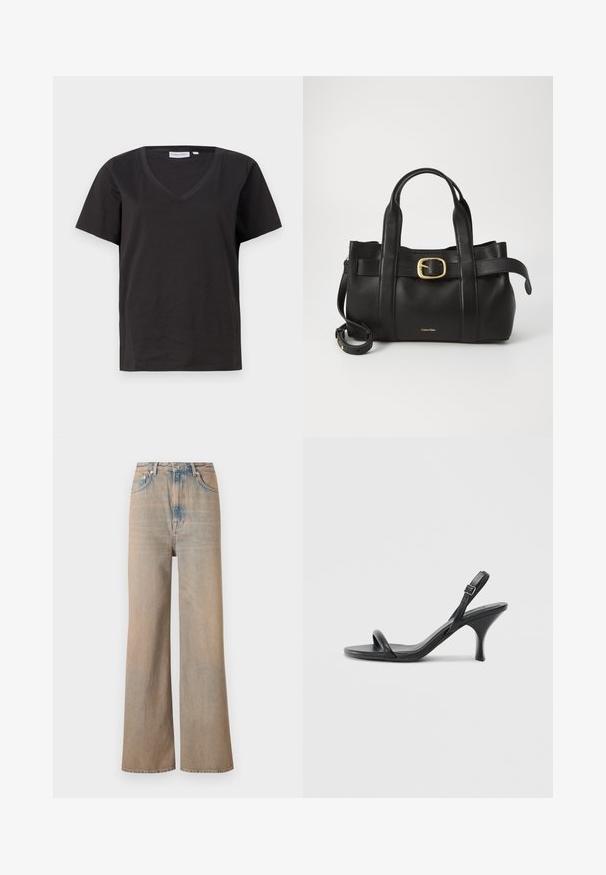 Camisa de algodón negra con cuello en V y mangas cortas. Diseño simple con un corte regular y sin patrones ni acentos.; Jeans de tiro alto y pierna ancha en un lavado claro, fabricados en denim. Presentan costuras sutiles y cinco bolsillos, con una textura ligeramente desgastada.; Sandalias de tacón alto de cuero negro con un tacón delgado y curvado y un diseño de tiras cruzadas. Correa para el tobillo ajustable. Textura suave.; Bolso de cuero negro con un diseño estructurado, doble mango superior, detalle de hebilla en tono dorado y logo de la marca grabado en la parte frontal.