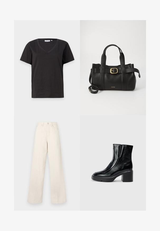 Tricou negru din bumbac cu decolteu în V și mâneci scurte. Design simplu, cu o croială normală și fără modele sau accente.; Pantaloni bej, cu croială largă și talie înaltă, confecționați dintr-un material moale și texturat. Au un sistem de închidere cu nasturi și buzunare frontale pentru funcționalitate.; Bocanci de gleznă din piele lacuită neagră, cu vârf curbat, panouri elastice pe laterale și toc bloc masiv. Prezintă un logo embosat pe spate.; Geantă de mână din piele neagră, cu un design structurat, mânere superioare duale, accent cu cataramă aurie și logo-ul brandului embosat în față.