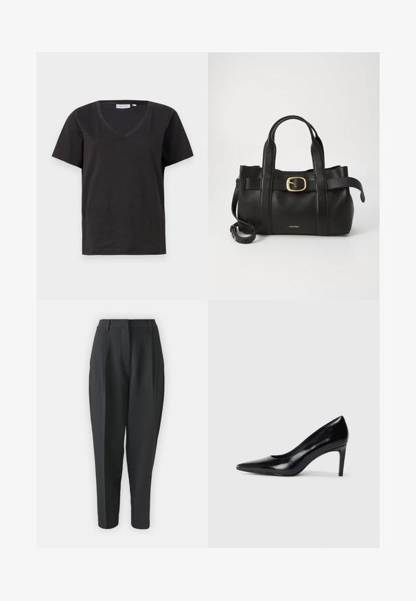Camisa de algodón negra con cuello en V y mangas cortas. Diseño simple con un corte regular y sin patrones ni acentos.; Pantalones negros ajustados con cintura alta, pinzas y pierna entallada. Tejido liso sin patrones ni adornos visibles.; Zapato de tacón alto de cuero negro con punta afilada, textura suave y tacón en forma de cono. Diseño minimalista, sin adornos adicionales.; Bolso de cuero negro con un diseño estructurado, doble mango superior, detalle de hebilla en tono dorado y logo de la marca grabado en la parte frontal.