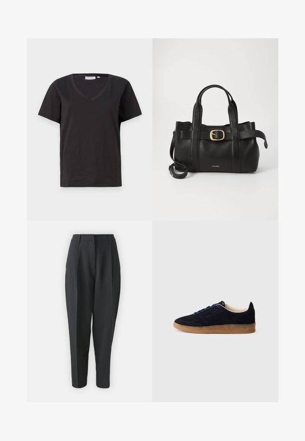 Musta puuvillainen T-paita, jossa on V-kaula-aukko ja lyhyet hihat. Yksinkertainen muotoilu, säännöllinen istuvuus ilman kuvioita tai koristeita.; Mustat muotopantsit, joissa on korkea vyötärö, poimutukset ja kapenevat lahkeet. Sileä kangas ilman näkyviä kuvioita tai koristeita.; Laivastonsininen mokkanahkainen tennari, jossa on kuminahkainen pohja, siniset nauhat ja minimalistinen muotoilu. Sivussa on kohokuvioitu logo ja sisäpuolella sileä vuori.; Musta nahkakäsilaukku, jossa on struktuurinen muotoilu, kaksoiskahvat, kultasävyinen solkiaksentti ja kohokuvioitu brändilogo edessä.