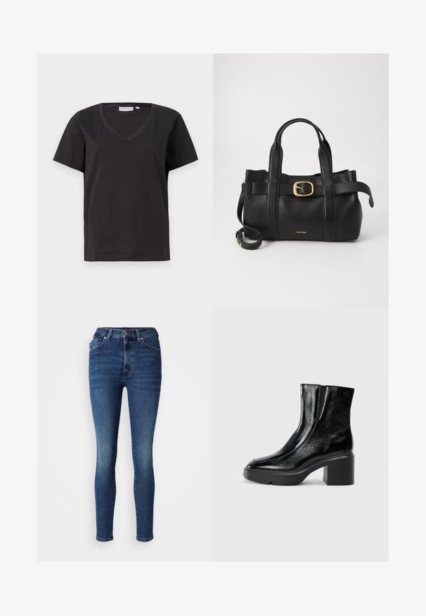 Svart bomull T-skjorte med V-hals og korte ermer. Enkel design med vanlig passform og uten mønstre eller detaljer.; Høytlivs, slim-fit blå jeans laget av denim. Har en klassisk fem-lommers design, glidelås i front og lett falming foran.; Sorte lakkskinn ankelstøvler med buet tå, elastiske sidestykker og en chunky klossheel. Har preget logo på baksiden.; Svart lærveske med en strukturert design, doble topphåndtak, gullfarget spenneakent og preget merke-logo foran.