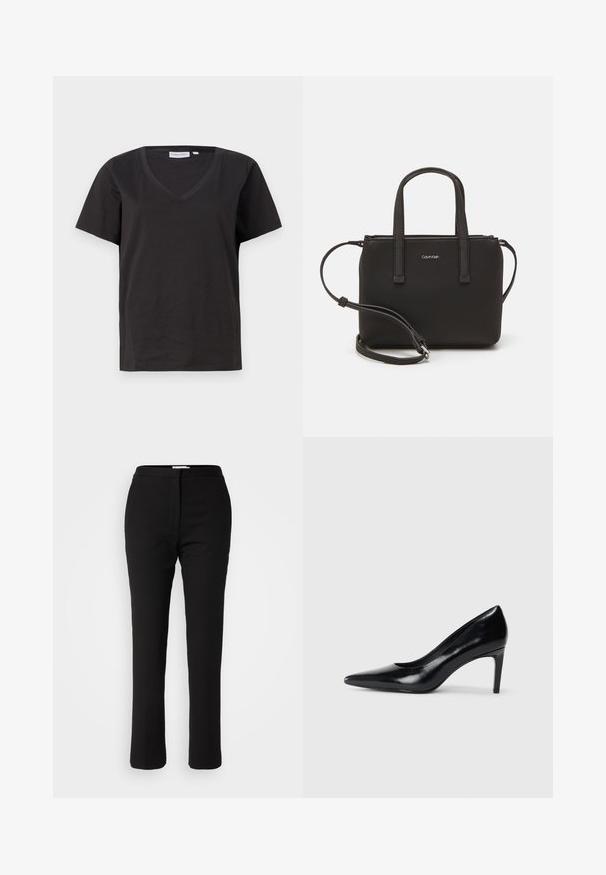 Čierne bavlnené tričko s výstrihom do V a krátkymi rukávmi. Jednoduchý dizajn s bežným strihom a bez vzorov alebo akcentov.; Čierne nohavice na mieru so strihom rovného nohu, vyrobené z hladkej tkaniny. Majú plochý predný panel a štandardný pás. Bez vreciek.; Čierna kožená vysoká topánka s ihlovým podpätkom a špičatou špicou, hladkou textúrou a zúženým podpätkom. Minimalistický dizajn, bez ďalších ozdôb.; Čierna kabelka s dvojitými krátkymi rúčkami a odnímateľným ramenným popruhom. Hladký materiál podobný koži s uzatváraním na zips a detailom loga.