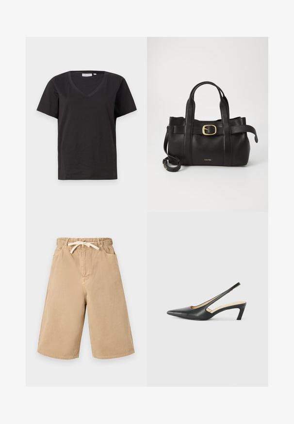 Fekete pamut póló V-nyakkal és rövid ujjakkal. Egyszerű dizájn, normál fazon, minta vagy díszítés nélkül.; Beige színű, pamutból készült rövidnadrág, rugalmas derékpánttal, zsinórral és két oldalsó zsebbel. Lazán illeszkedő, kényelmes fazon, egyenes lábakkal.; Fekete, hegyes orrú, slingback cipő alacsony sarkával, sima bőrből készült, oldalt kivágott deisgnal a légáteresztőképesség érdekében.; Fekete bőr kézitáska, amely strukturált kialakítással rendelkezik, dupla felső fogantyúval, arany tónusú csattal és a márka dombornyomott logójával az elején.