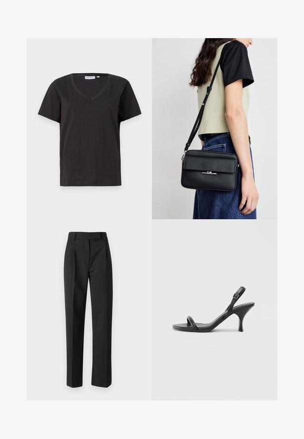 Black cotton T-shirt with a V-neck and short sleeves. Simple design with a regular fit and no patterns or accents.; Black trousers with a straight-leg design, made from a smooth fabric. Features a flat front, belt loops, and a classic cut.; Black leather high-heeled sandals with a slim, curved heel and a crossed strap design. Adjustable ankle strap. Smooth texture.; Calvin Klein LINEAR CAMERA BAG - Cross body bag - black