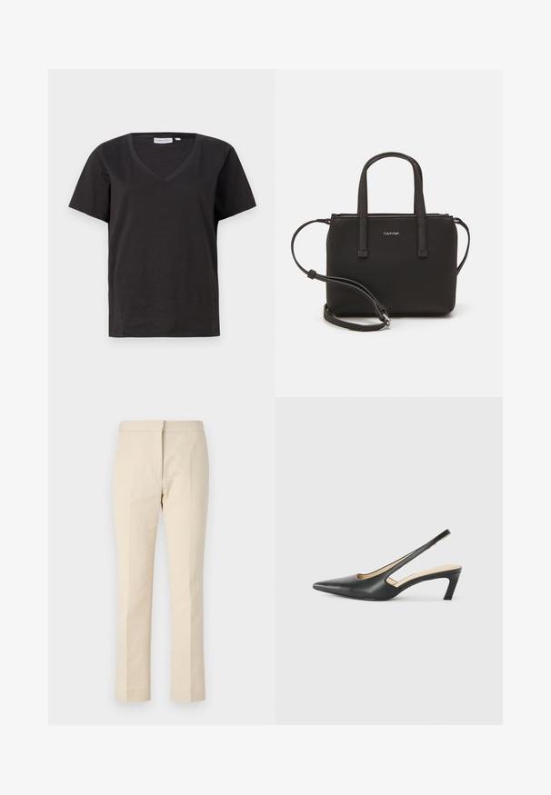 Juodas medvilninis marškinėlis su V formos iškirpte ir trumpomis rankovėmis. Paprastas dizainas, reguliaraus kirpimo, be raštų ar akcentų.; Smėliniai kelnes, pagamintos iš lygaus audinio su tiesia siluetu. Savybės: plokščia priekinė dalis, diržo kilpos ir matomų kišenių nėra.; Juodas smailus slingback batelis su žemu kulnu, pagamintas iš lygaus odos paviršiaus ir su išpjovomis šone, užtikrinančiomis oro pralaidumą.; Juoda rankinė su dviem trumpais rankenėlėmis ir nuimamu petį. Lygaus odos tipo medžiaga su užtrauktuku ir logotipo detale.