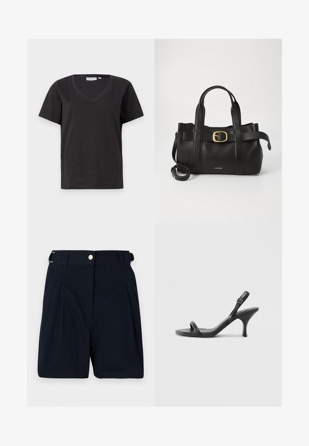 Fekete pamut póló V-nyakkal és rövid ujjakkal. Egyszerű dizájn, normál fazon, minta vagy díszítés nélkül.; Tengerészkék pamut rövidnadrág plissézett elülső résszel, oldalsó övtartókkal és fémből készült gombos záródással. Simas texture, szabott dizájn.; Fekete bőrből készült, magassarkú szandál, vékony, ívelt sarokkal és keresztben átkötött pántokkal. Állítható bokapánt. Sima felület.; Fekete bőr kézitáska, amely strukturált kialakítással rendelkezik, dupla felső fogantyúval, arany tónusú csattal és a márka dombornyomott logójával az elején.