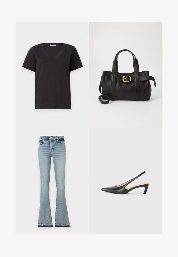 T-shirt en coton noir avec un col en V et des manches courtes. Design simple avec une coupe régulière et sans motifs ni accents.; Jean en denim bleu clair évasés, taille haute, coutures définies et ourlet effiloché. Le matériau paraît doux avec un design classique à cinq poches.; Slingback noir à bout pointu avec un petit talon, en cuir lisse et doté d'un design découpé sur le côté pour plus de respirabilité.; Sac à main en cuir noir présentant un design structuré, deux poignées supérieures, un accent de boucle en ton doré et un logo de la marque en relief à l'avant.