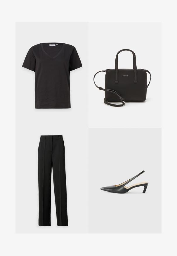 Zwarte katoenen T-shirt met een V-hals en korte mouwen. Eenvoudig ontwerp met een regular fit en zonder patronen of accenten.; Zwarte wijde broek van gladde stof, met een rechte voorkant, riemlussen en een getailleerde pasvorm zonder zakken.; Zwarte puntige slingback schoen met een lage hak, gemaakt van soepel leer en voorzien van een uitsnede aan de zijkant voor ventilatie.; Zwarte handtas met dubbele korte handvatten en een afneembare schouderriem. Glad, leerachtig materiaal met een ritssluiting en logo-detail.