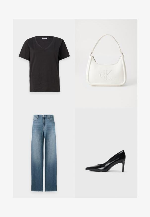 T-shirt in cotone nero con scollo a V e maniche corte. Design semplice con vestibilità regolare, senza motivi o dettagli.; Jeans ampi di colore azzurro chiaro realizzati in denim, con vita alta, design a cinque tasche e leggera scoloritura lungo le gambe.; Scarpa con tacco alto in pelle nera, con punta affusolata, texture liscia e tacco rastremato. Design minimalista, senza ulteriori decorazioni.; Borsa a tracolla in pelle bianca con forma curva, dotata di un logo "CK" impresso sul davanti e una singola tracolla. Chiusura a zip nella parte superiore.