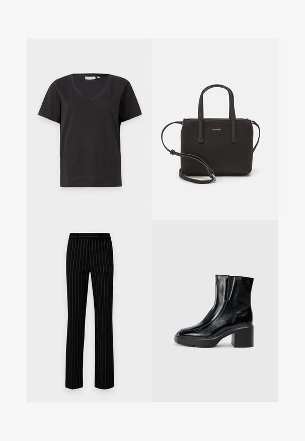 Black cotton T-shirt with a V-neck and short sleeves. Simple design with a regular fit and no patterns or accents.; Tailored black trousers featuring vertical pinstripes in gold and white. Made of smooth fabric with a straight-leg cut and classic waistband.; Black patent leather ankle boots with a curved toe, elastic side panels, and a chunky block heel. Features embossed logo on the back.; Black handbag with dual short handles and a removable shoulder strap. Smooth leather-like material with a zip closure and logo detail.