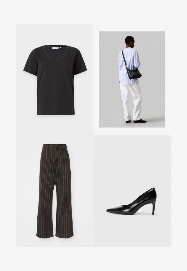 Svart bomull T-skjorte med V-hals og korte ermer. Enkel design med vanlig passform og uten mønstre eller detaljer.; Bredde ben bukser i mørkegrått stoff med hvite vertikale striper. Har høy midje og snøring i livet. Inkluderer sidelommer.; Sorte skinnhøye hæler med spiss tå, glatt tekstur og avsmalnet hæl. Minimalistisk design, ingen ekstra dekorasjoner.; Svart lær skulderveske med en myk tekstur, trekantet form og justerbar stropp, kombinert med en lyseblå stripete skjorte og hvite bukser.