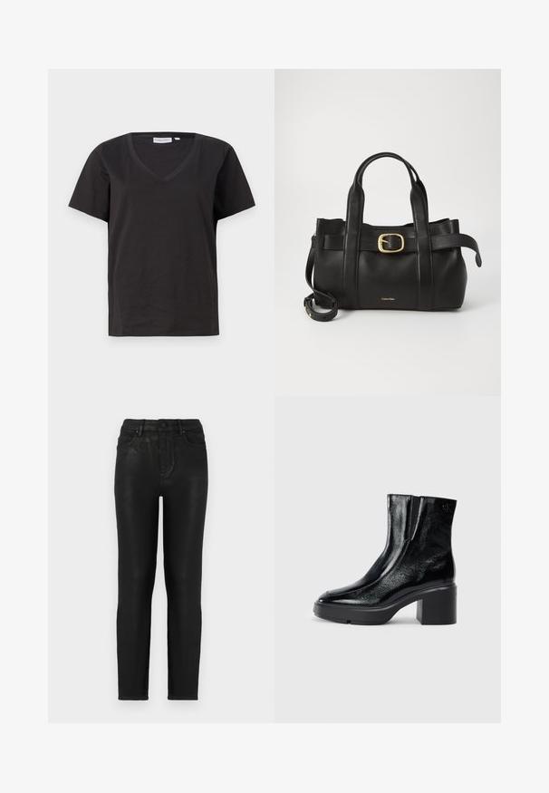 Svart bomull T-skjorte med V-hals og korte ermer. Enkel design med vanlig passform og uten mønstre eller detaljer.; Svart denim jeans med slim fit, med høy midje, klassisk fem-lomme design og subtil glans. Standard front knappelukking.; Sorte lakkskinn ankelstøvler med buet tå, elastiske sidestykker og en chunky klossheel. Har preget logo på baksiden.; Svart lærveske med en strukturert design, doble topphåndtak, gullfarget spenneakent og preget merke-logo foran.