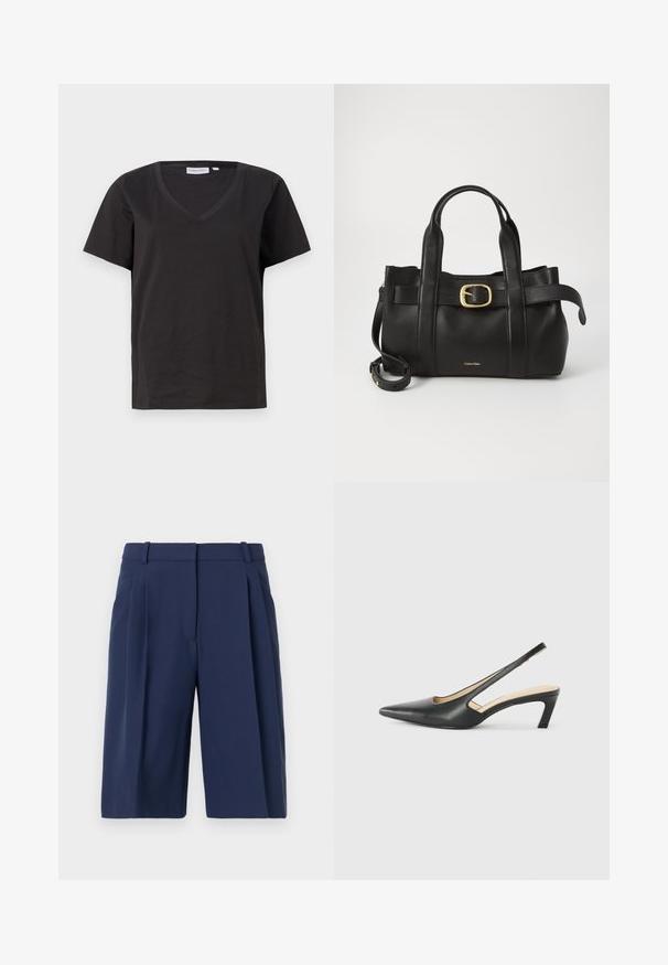 Black cotton T-shirt with a V-neck and short sleeves. Simple design with a regular fit and no patterns or accents.; Navy blue shorts with a tailored fit, featuring a pleated front, belt loops, and smooth fabric texture, knee-length cut.; Black pointy-toed slingback shoe with a low heel, featuring smooth leather material and cut-out design on the side for breathability.; Black leather handbag featuring a structured design, dual top handles, gold-tone buckle accent, and embossed brand logo at the front.