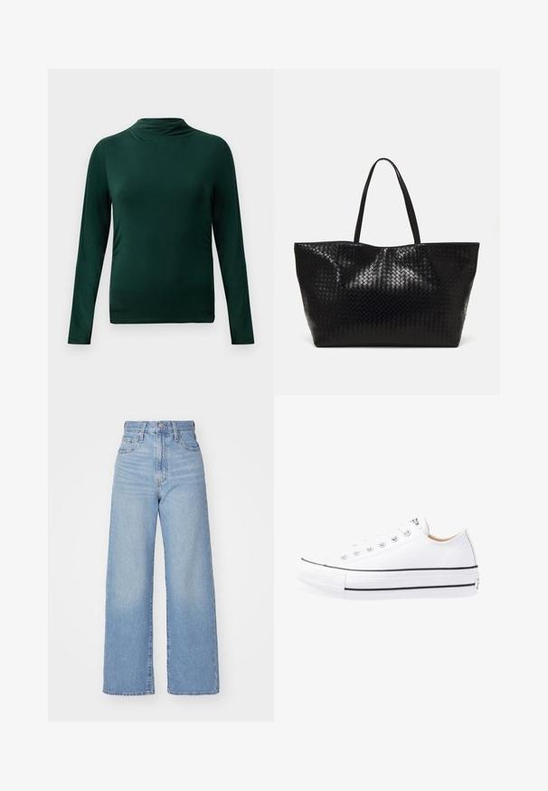 Top leve de manga longa verde escuro com gola alta e silhueta ajustada, em fundo claro liso.; Jeans de cintura alta e perna larga em azul claro, com fecho frontal de botão e zíper, bolsos frontais e traseiros, sobre um fundo branco.; Sapatilha de lona branca com um design de cano baixo, biqueira de borracha, risca preta ao longo da sola e ilhós de metal para os atacadores. Textura simples.; Saco tote preto trançado com duas alças robustas, apresentando uma textura brilhante e um design de topo aberto espaçoso.