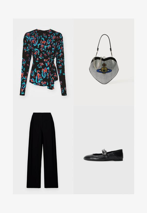 Camisola preta de mangas longas com um padrão floral colorido em vermelho, turquesa e azul, com um detalhe de nó na cintura.; Calças pretas de perna larga com uma cintura alta, apresentando uma textura suave e linhas limpas. Sem fechos ou padrões visíveis.; Sapatilhas de balé pretas em couro com bico pontiagudo, apresentando uma correia com uma fivela metálica circular e sola plana.; Bolsa em forma de coração feita de rede com um acabamento metálico, apresentando um design de gato e planeta em azul, amarelo e vermelho. Inclui uma alça em corrente.