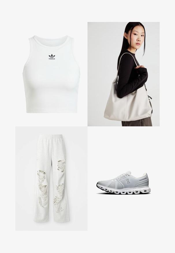 adidas Originals ESSENTIALS RIBBED TANK - Top - white; Pantalones de chándal gris claros con un corte holgado, que presentan múltiples parches desgastados, una textura suave y una cintura elástica.; Zapatillas deportivas de color gris claro con parte superior de malla, cordones blancos y una suela blanca segmentada. Presentan un logo y líneas de diseño sutiles en los laterales.; Bolso de mano beige hecho de material suave, con un diseño holgado, detalles cosidos y dos asas. Adecuado para uso diario.