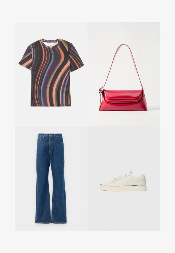T-shirt de manga curta feita de tecido suave, apresentando um padrão ondulado em tons escuros com cores vibrantes: laranja, azul, roxo e verde.; Calças de ganga azul de boca larga com uma cintura alta, apresentando cinco bolsos, um fecho de botão prateado e costuras visíveis.; Sapatilha de cano baixo em off-white com design de atacadores, forro interior branco e detalhes discretos em várias cores ao longo da borda da sola, vista lateral.; Bolsa de mão em couro vermelho com uma forma estruturada, textura suave e uma única alça ajustável. Apresenta um fecho de aba arredondada.