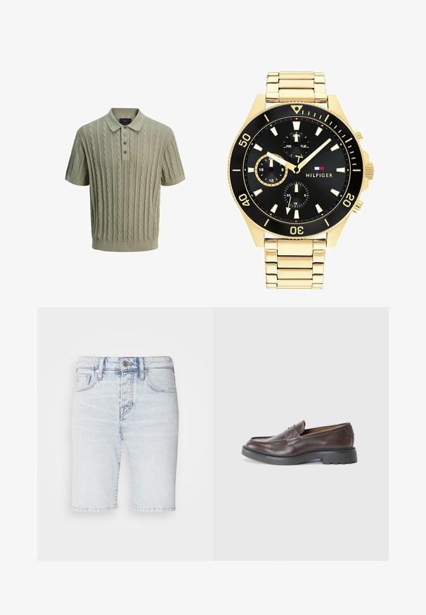 Polo en tricot vert clair avec motif en câble, à manches courtes, patte de boutonnage à trois boutons, et col et ourlet côtelés.; Shorts en denim bleu clair, taille haute avec une coupe ajustée, comportant cinq poches et des coutures contrastées. Ourlet brut avec une texture décolorée.; Mocassins en cuir marron avec une finition lisse, bout rond, couture minimaliste et une épaisse semelle en caoutchouc noir. Aucun matériel ou accent visible.; Montre en métal doré avec un cadran noir, des marqueurs lumineux et trois sous-cadrans. Présente un bracelet texturé et le logo "HILFIGER" au centre.; Boucles d'oreilles en croix dorées avec une finition lisse et une boucle suspendue, présentant un design simple et allongé. Chaque croix est de taille uniforme.